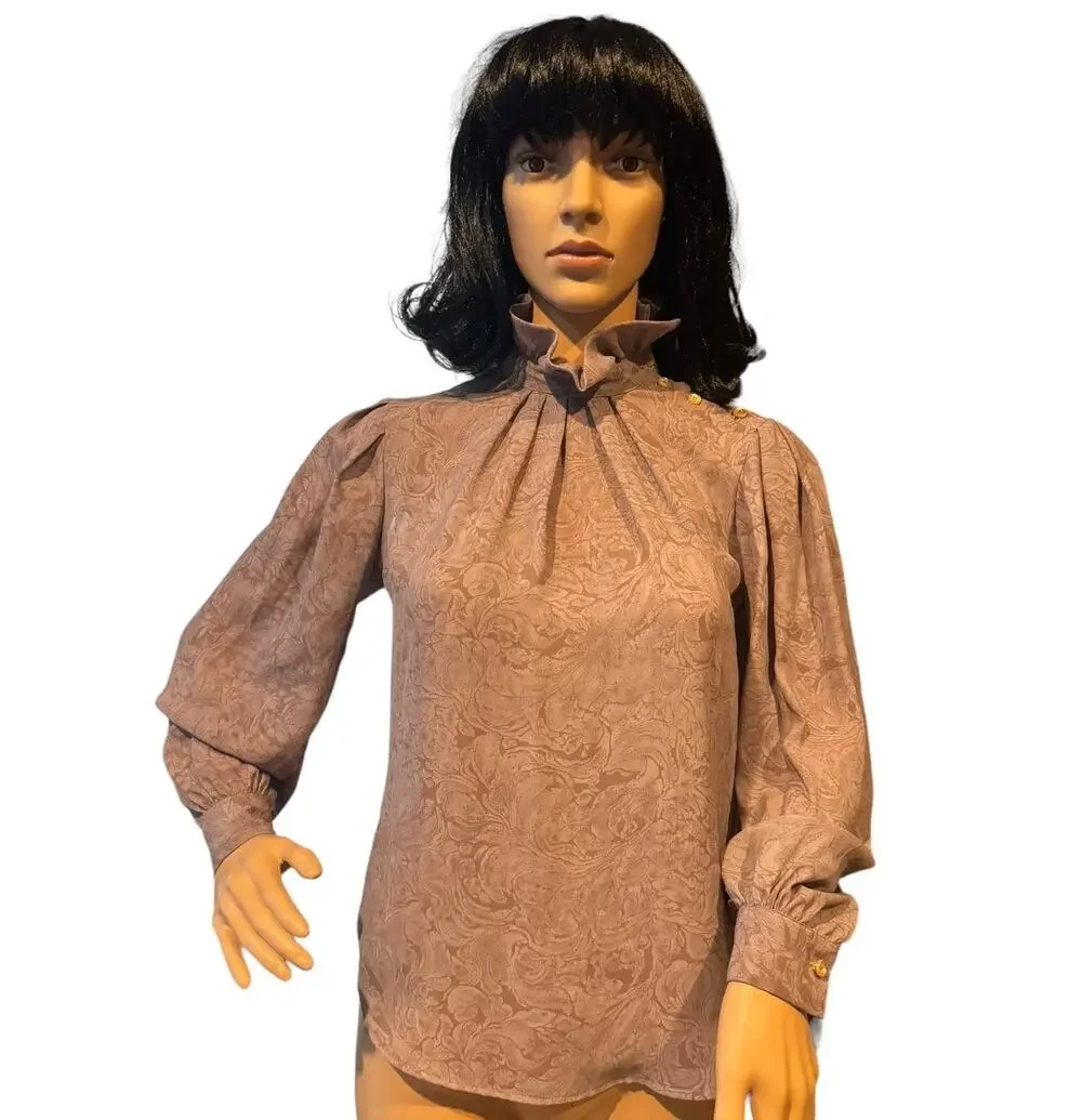 American vintage Bethany petites Gray Blouse with ruffled high neck size 4